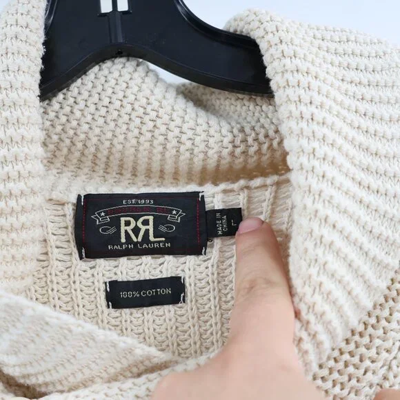 RRL Ralph Lauren sweater mens large Shawl Collar Cotton Knit beige jumper - Picture 3 of 13